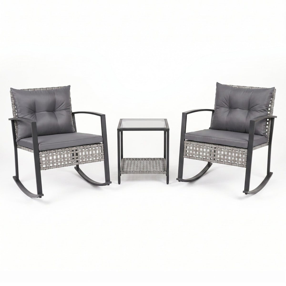 3-Piece Outdoor Rocking Chair Set with Coffee Table - Gray