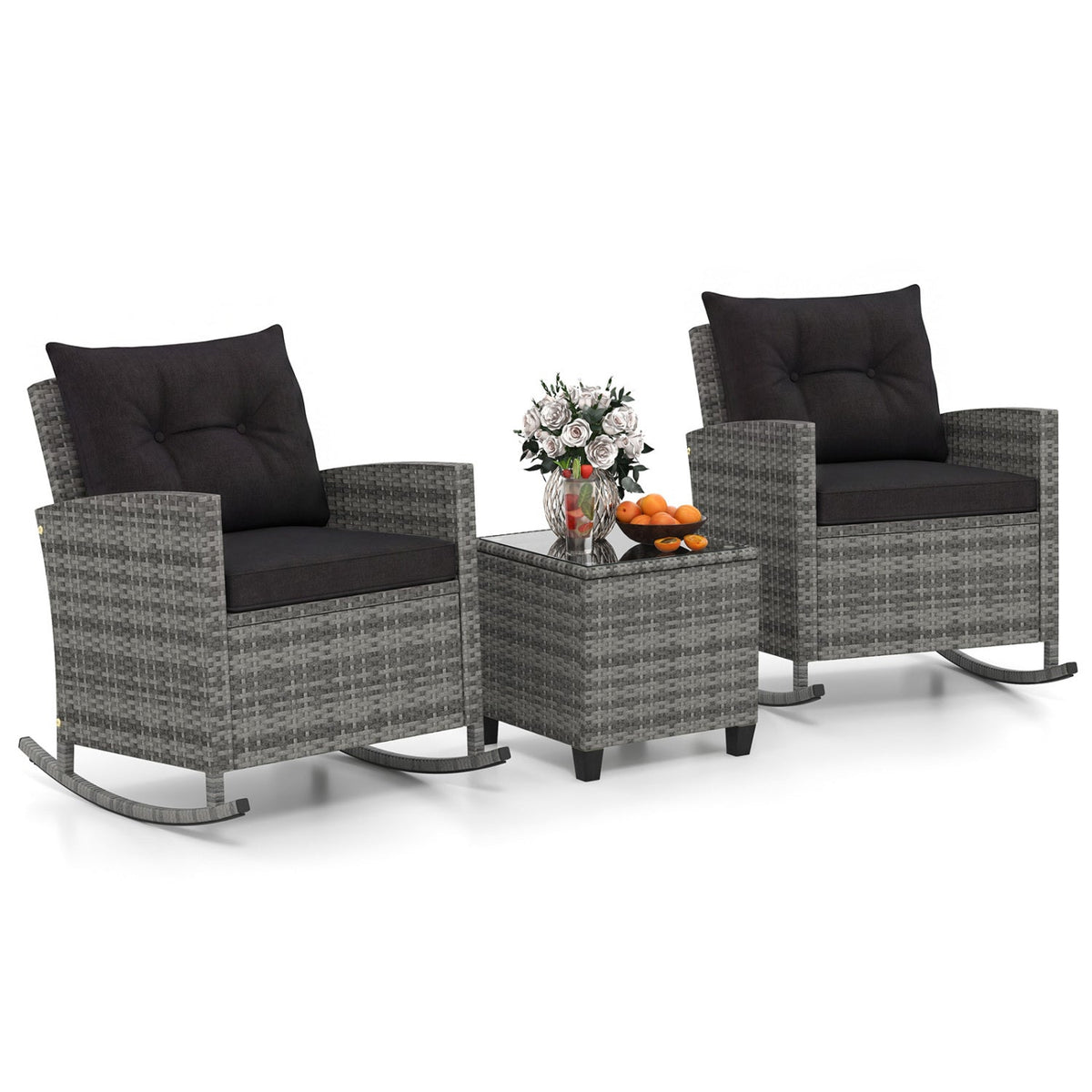 3-Piece Patio Rocking Chair Set with Glass Table & Cushions