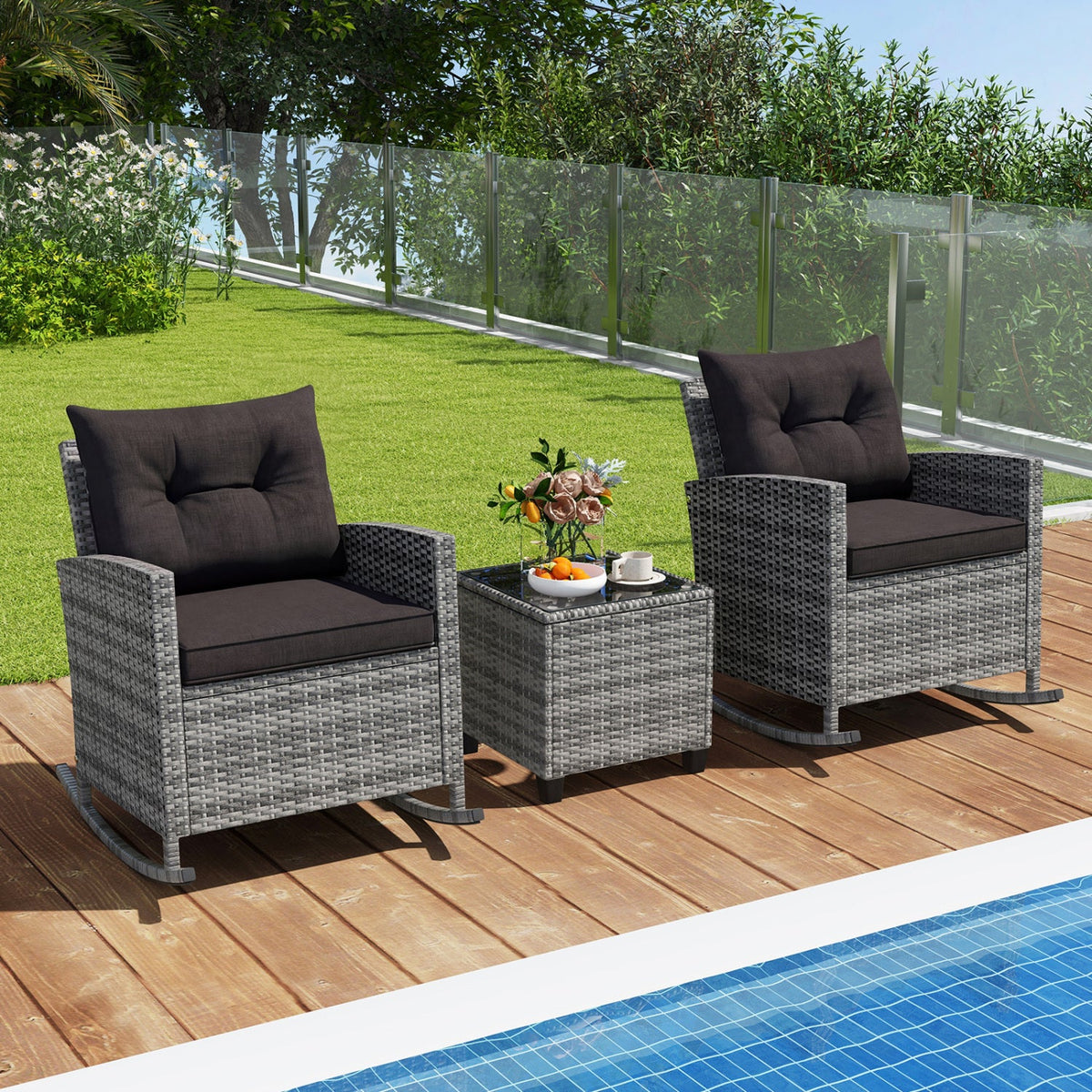 3-Piece Patio Rocking Chair Set with Glass Table & Cushions