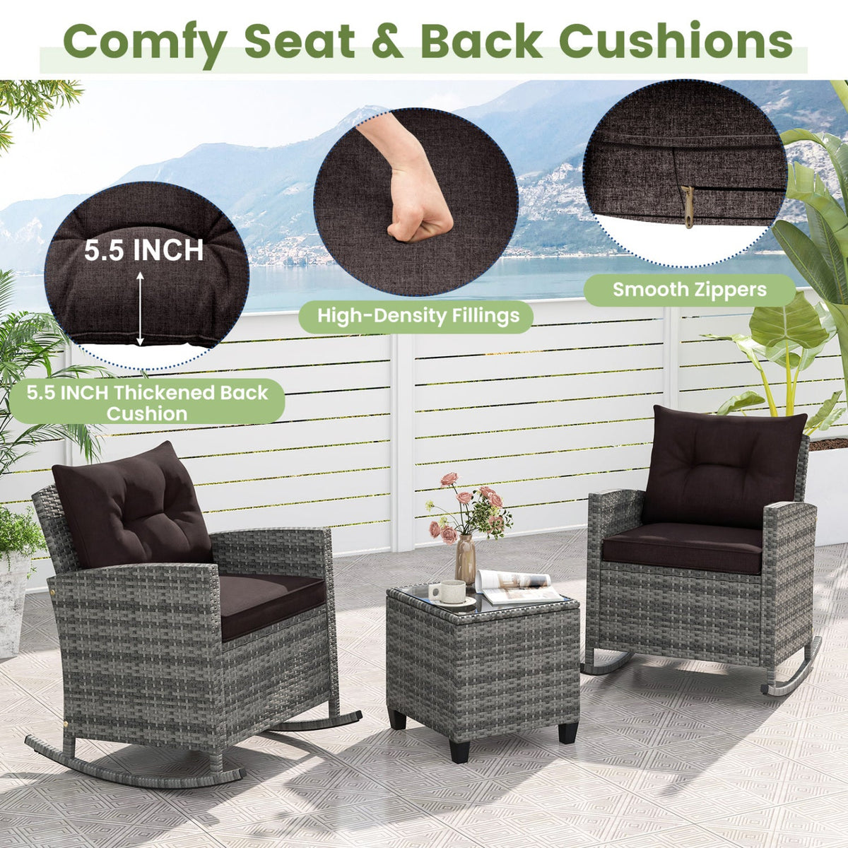 3-Piece Patio Rocking Chair Set with Glass Table & Cushions