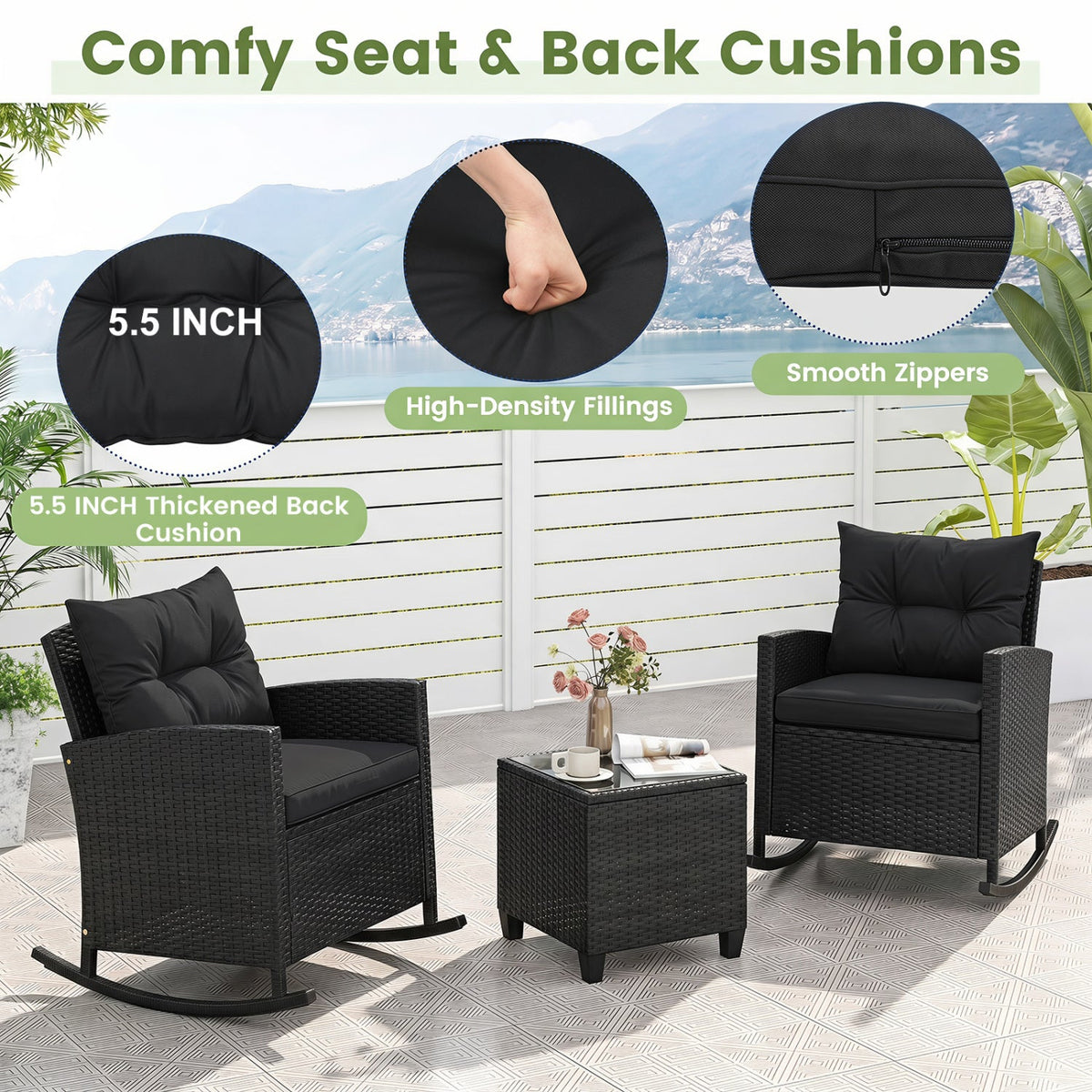 3-Piece Patio Rocking Chair Set with Glass Table & Cushions
