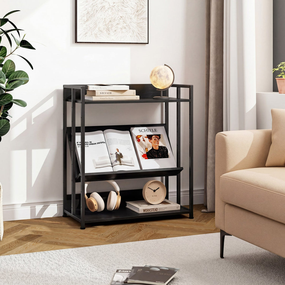3-Tier Corner Bookshelf with Adjustable Shelves - Black