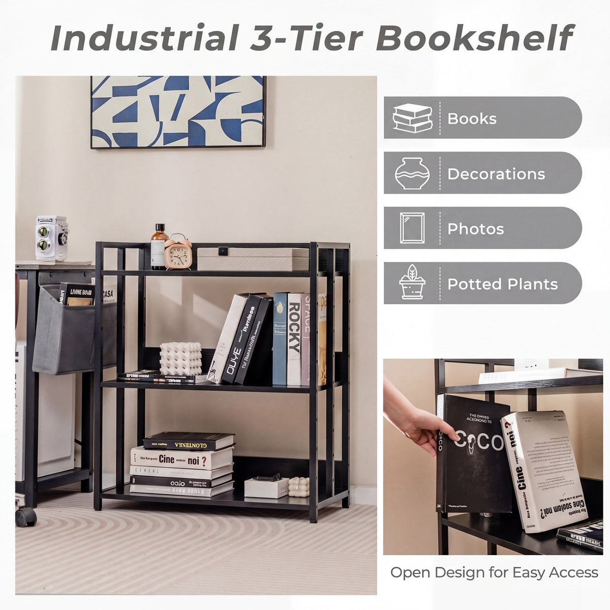 3-Tier Corner Bookshelf with Adjustable Shelves - Black