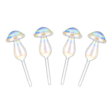 4-Pieces: Clear Glass Plant Watering Globes Iridescent Rainbow Gradient Mushroom
