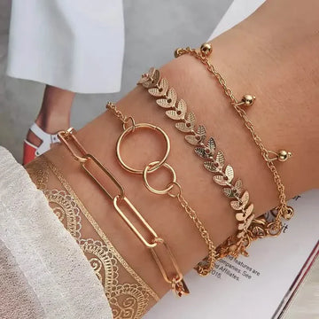 4-Pieces: Vintage Leaf Pendant Hand Chain Bracelet Set For Women