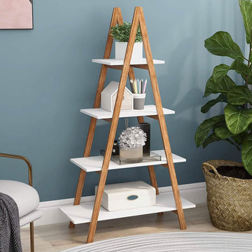 4-Tier Bookshelf Wooden Ladder Shelf Wooden Bookcase A- Shaped