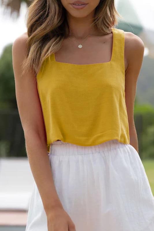 Allimy Women's Square Neck Sleeveless Crop Tank Top Summer Casual Yellow XS