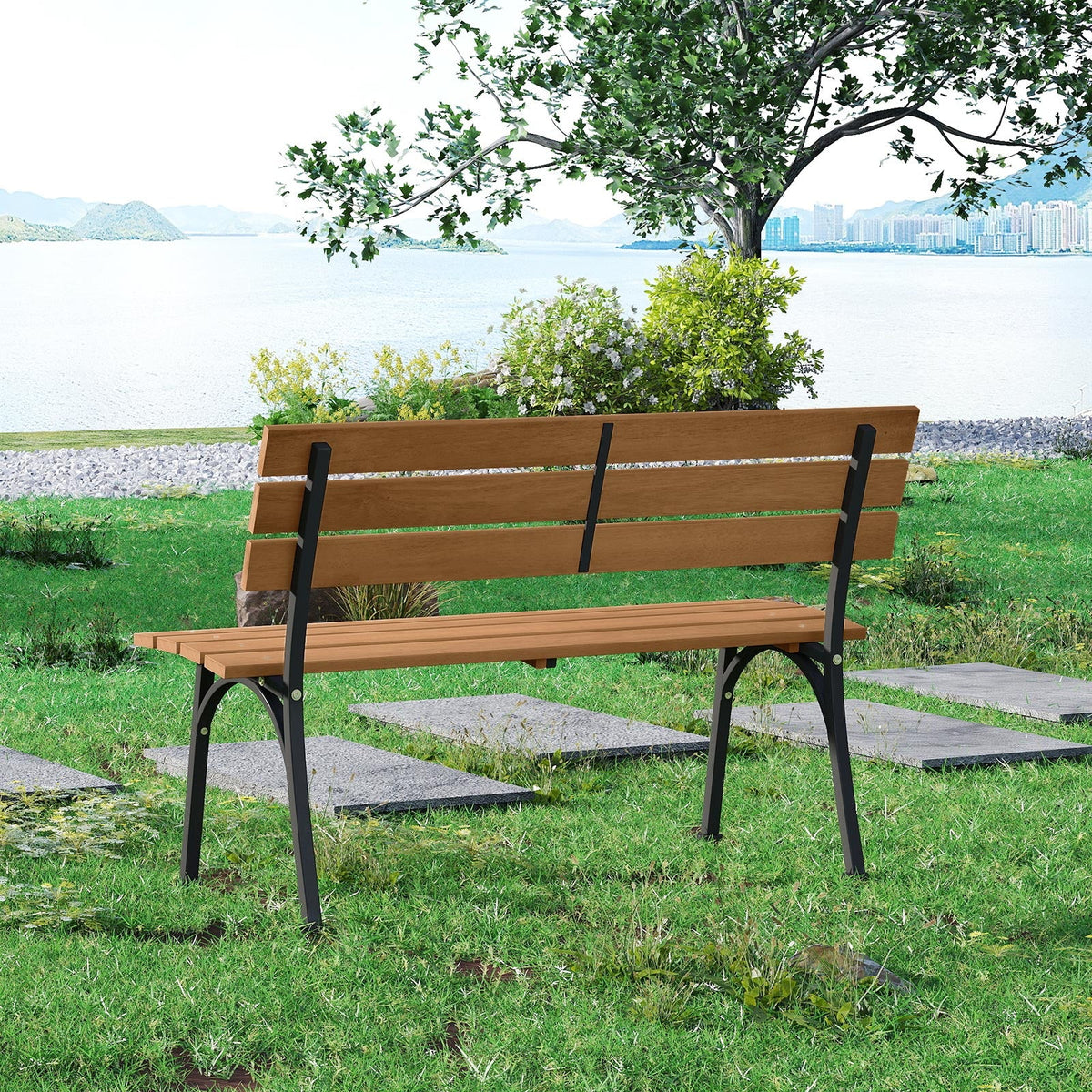 47 Inch Outdoor Acacia Wood Bench with Metal Frame and Slatted Seat