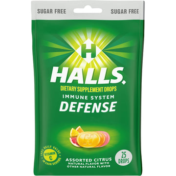 Halls Defense Sugar Free Assorted Citrus Vitamin C Dietary Supplement Drops