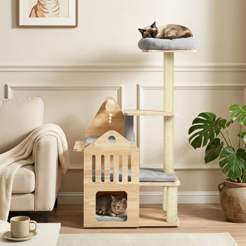 Multi-Level Solid Wood Cat Tree 48.5" with Condo & Scratchers