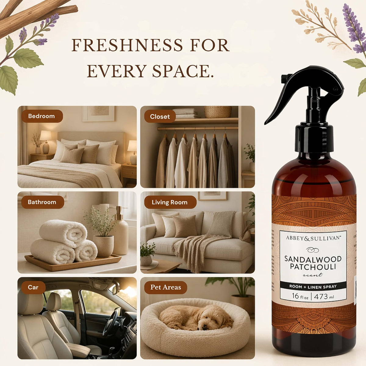 Abbey & Sullivan Odor Eliminating and Refreshing Linen and Room Spray, Sandalwood Patchouli, 16 oz