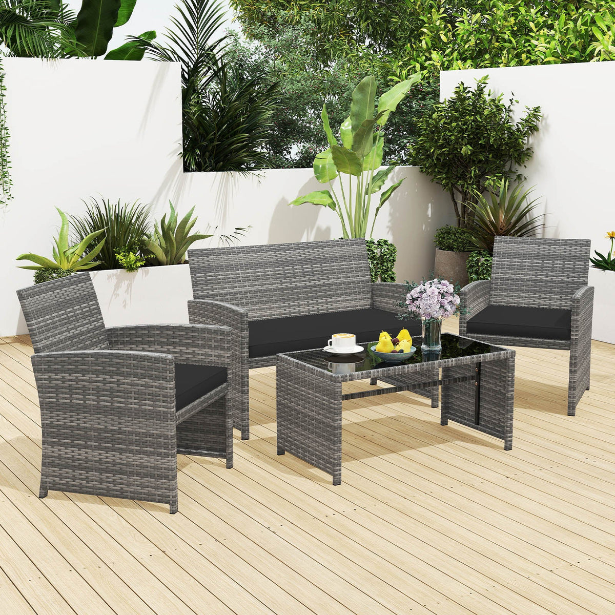 4 Piece Patio Conversation Set Rattan Chair Loveseat and Table Set