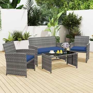 4 Piece Patio Conversation Set Rattan Chair Loveseat and Table Set