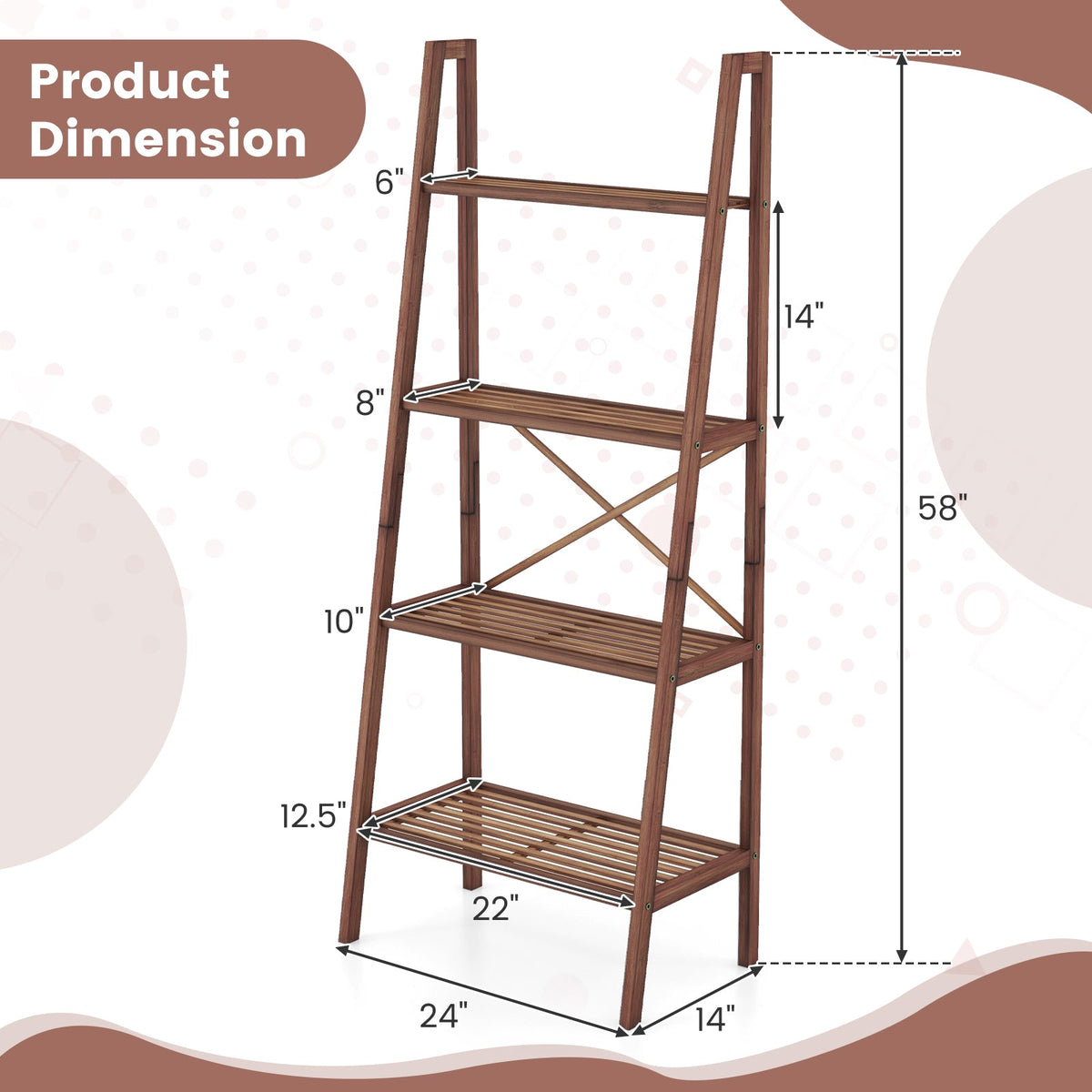 4-Tier Bamboo Ladder Bookshelf 58 Inch - Walnut
