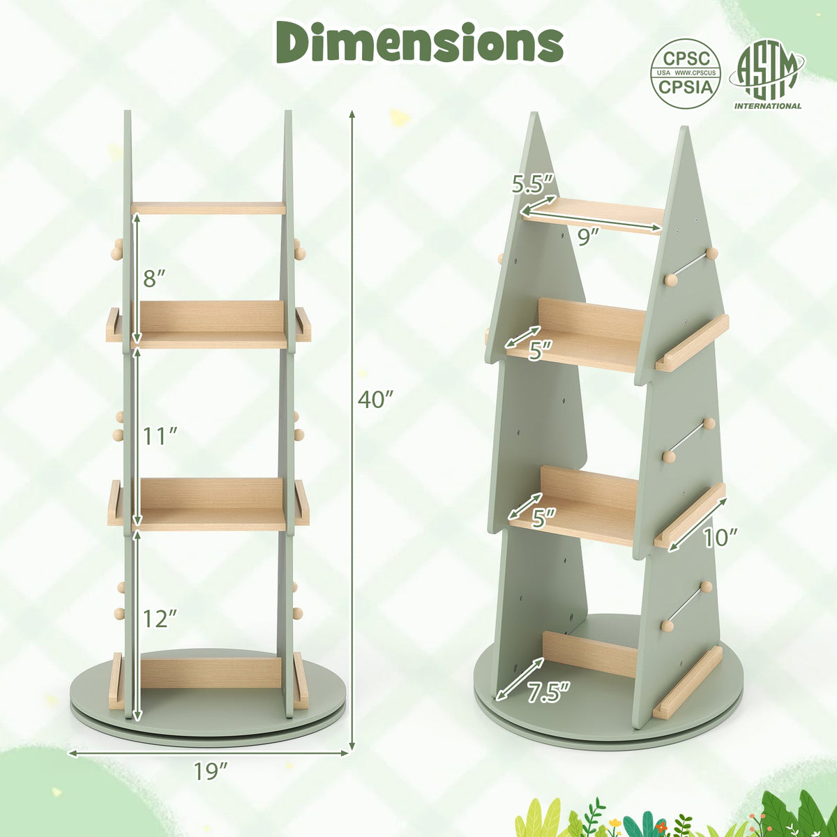 4 Tier Tree Shape Kids Rotating Bookshelf 360¬∞ Display Rack Storage Organizer-Green