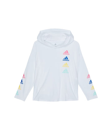 adidas Girls Big Long Sleeve Hooded Graphic Tee Multi Logo/White Large (14)