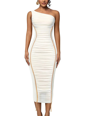 LAGSHIAN Women's Sexy Bodycon One Shoulder Mesh Ruched Midi Dress White Size L