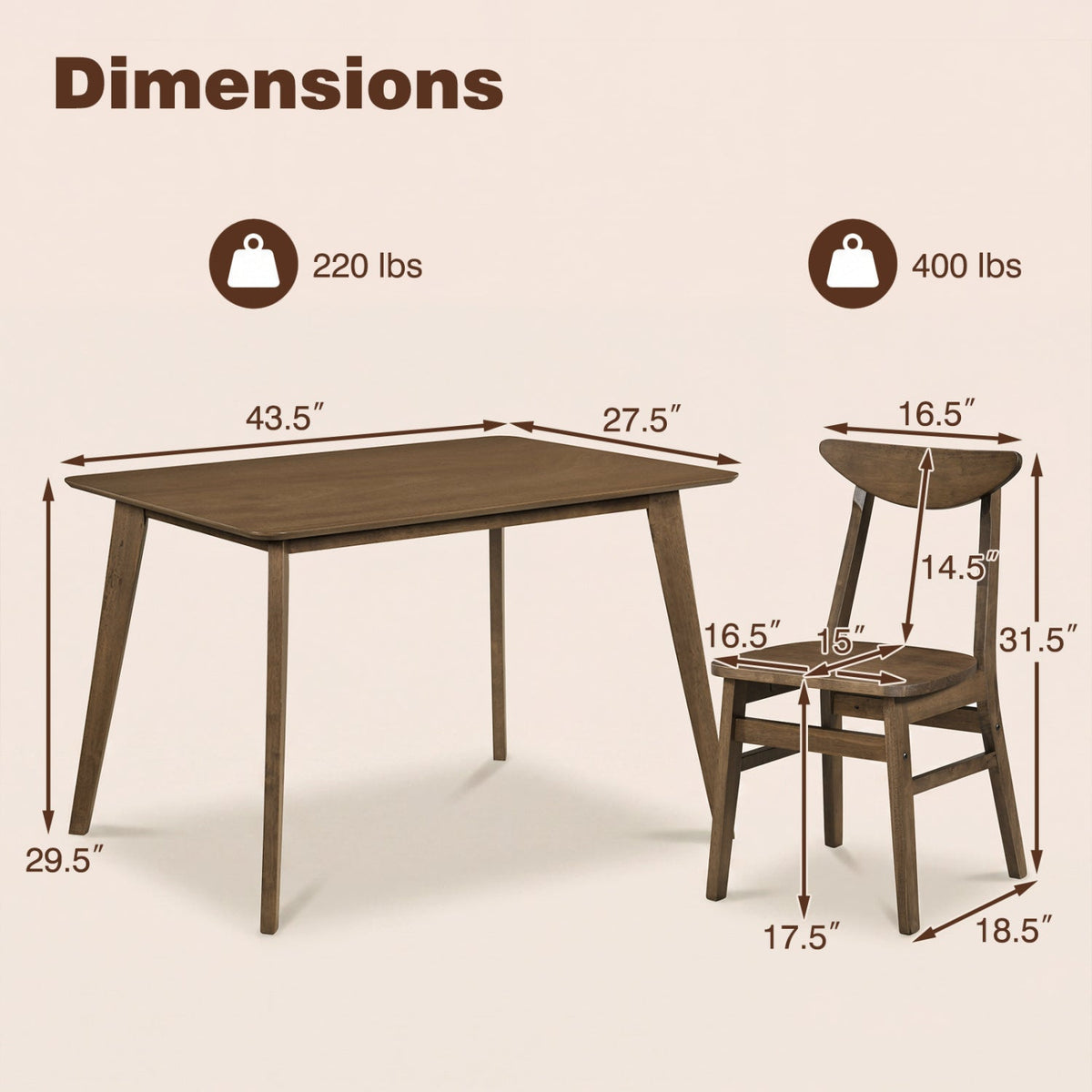 5-Piece Solid Wood Dining Table Set for Small Space
