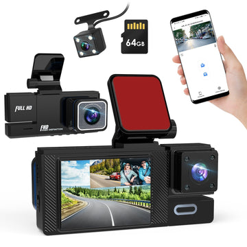 WiFi FHD 1080P Car Dash Cam 3 Channels Front Rear Inside Dash Camera with Loop Recording Reversing Image Night Vision 170° Wide Angle Support 64G MMC