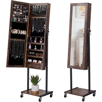 6 LEDs Mirror Jewelry Cabinet Armoire with Wheels