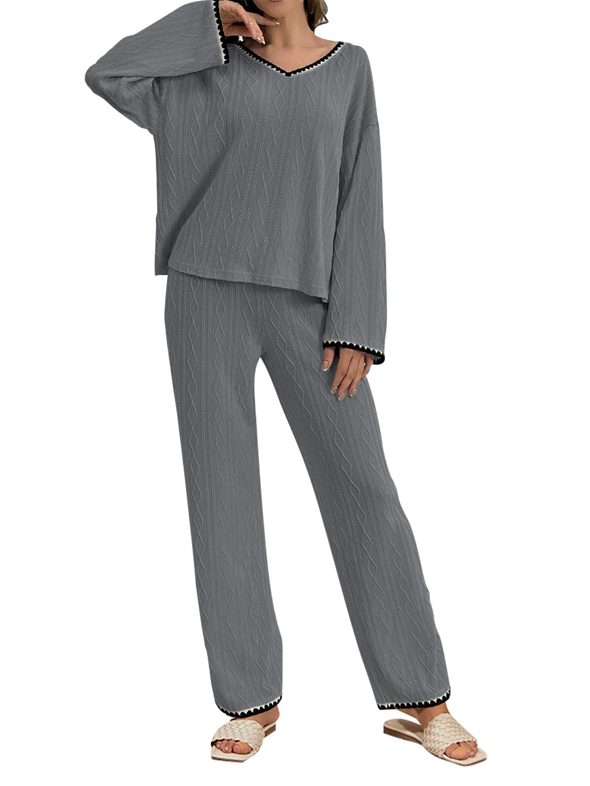 GUOLEZEEV Two Piece Lounge Set Soft Pajama Long Sleeve Pant Gray Size L