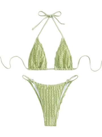 GORGLITTER Women's Lace Bikini Set Halter Triangle Thong Green Frill Size XL