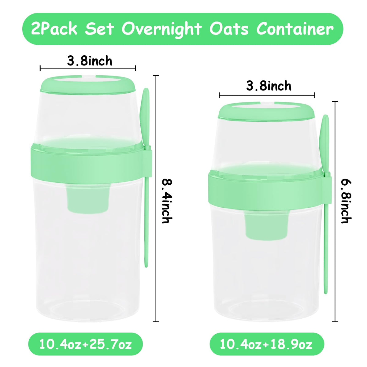 Kendyy 2 Pack Leak Proof Overnight Oats Container with Spoon Green