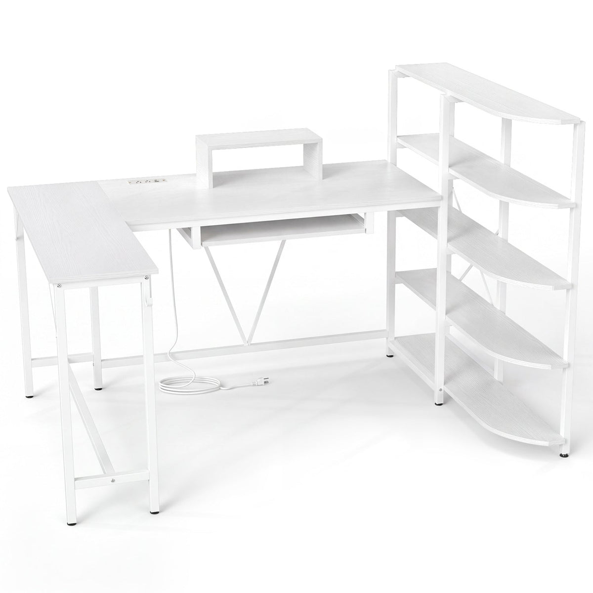 63" U-Shaped Computer Desk with Power Outlets & Bookshelf