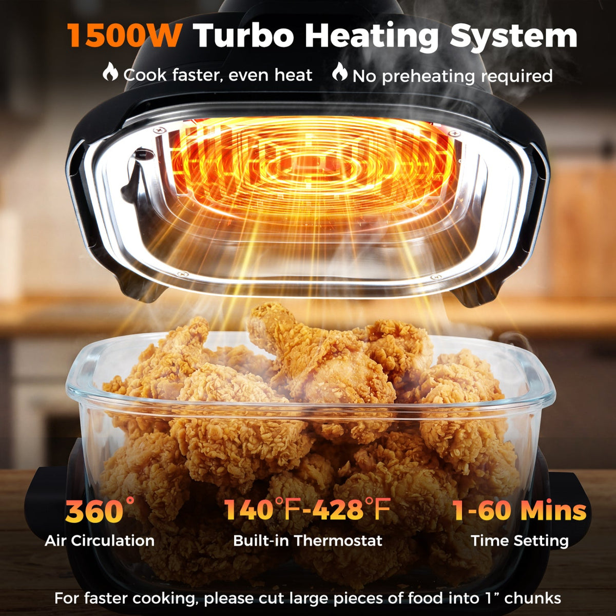6-in-1 Portable Glass Air Fryer 1500W Dual Containers with Lids Dishwasher Safe