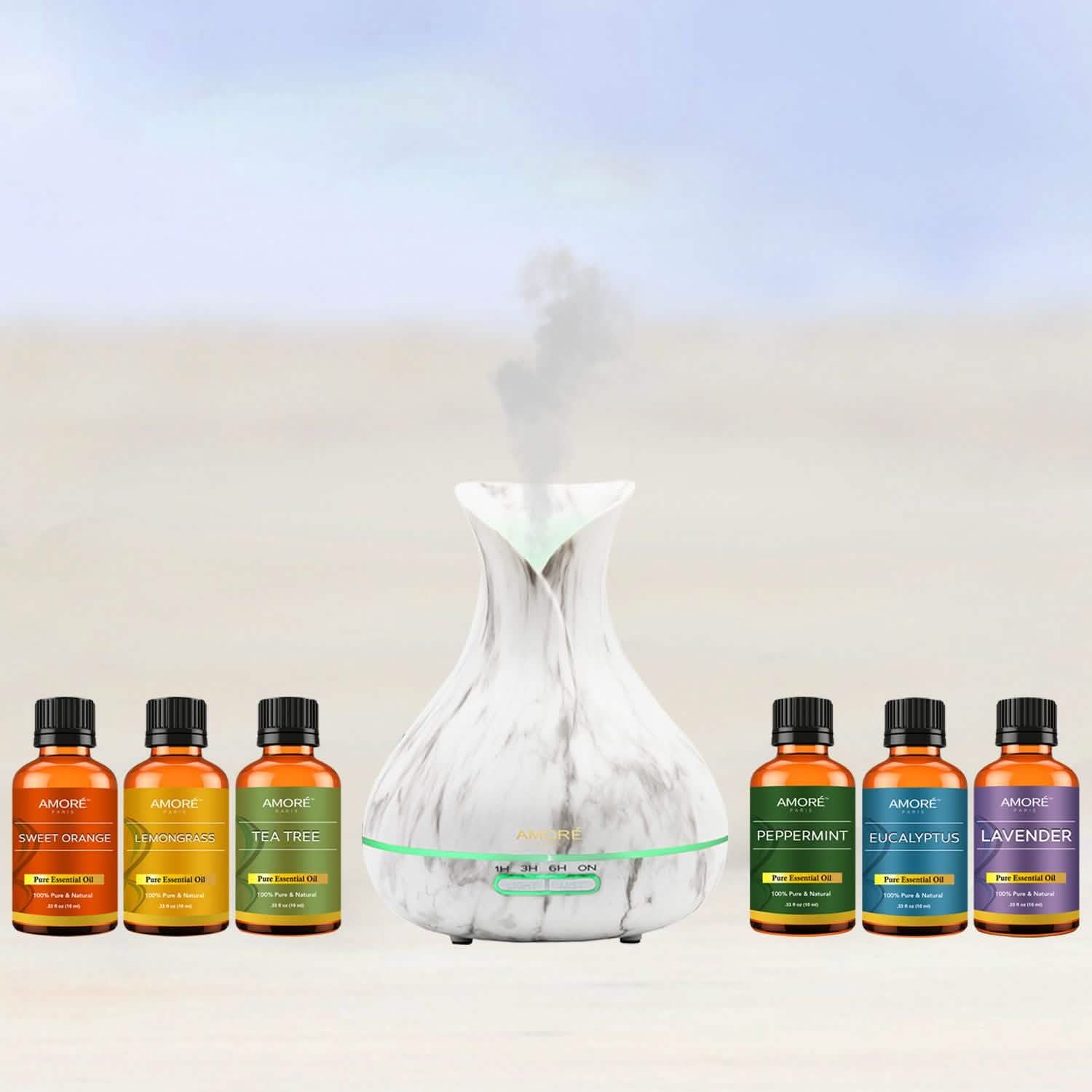 7-Piece: White Marble 300ml Ultrasonic Aroma Diffuser with Essential Oil Gift Set