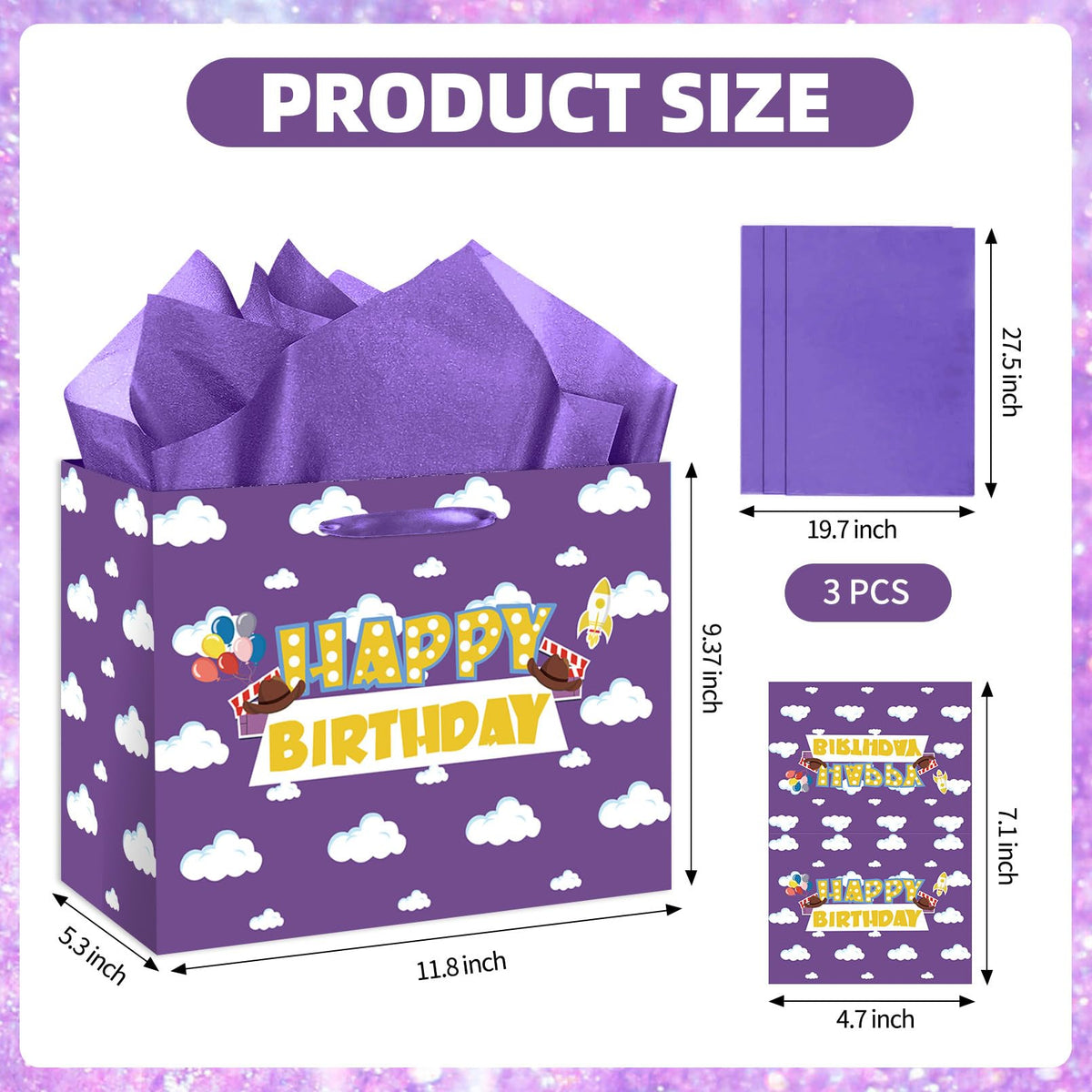 Purple Cloud Birthday Gift Bag with Card & Tissue Party Baby Shower Decorations