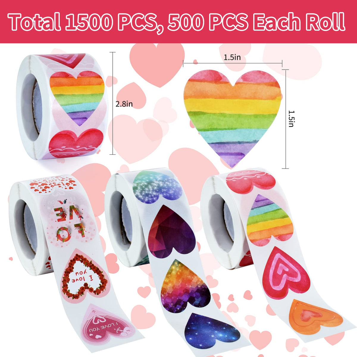 CTOHN 1500 PCS 1.5in Red Heart Stickers Self Adhesive Love Roll