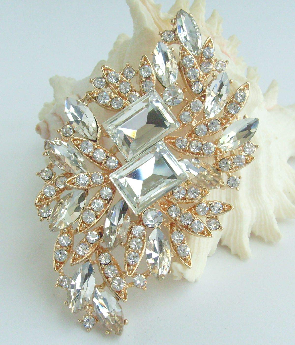 Sindary Austrian Crystal Flower Brooch Pin Gold-Tone Clear 3.94"