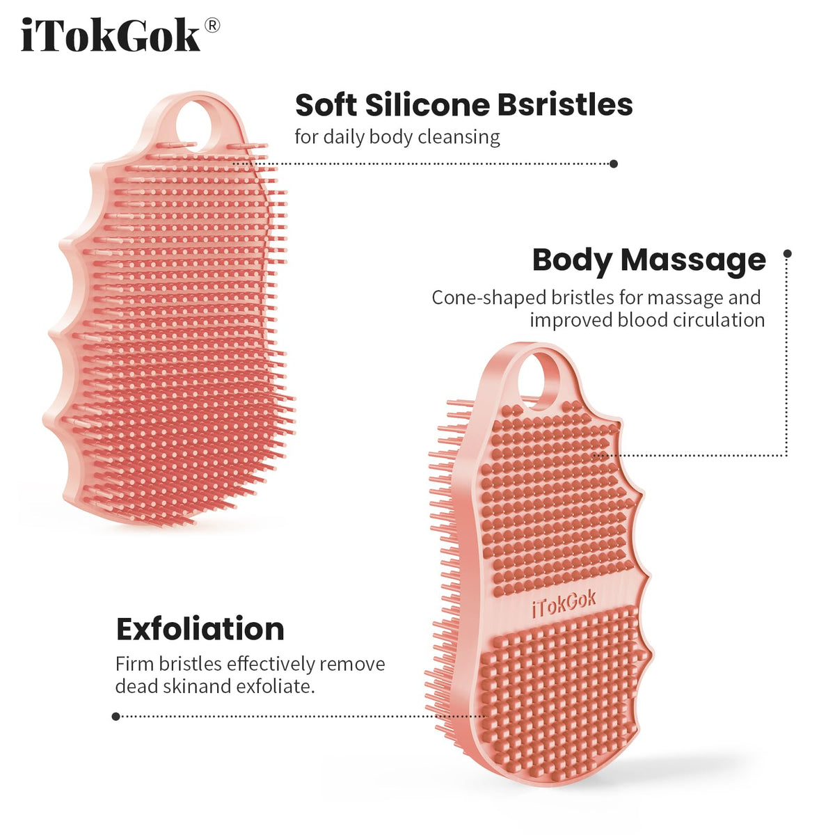 iTokGok Silicone Body Scrubber Silver-Infused Dual-Sided 3-in-1 Pink