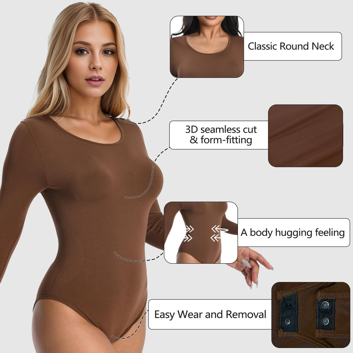 +MD Round Neck Bodysuit Long Sleeve Slimming Waist Coffee Size M