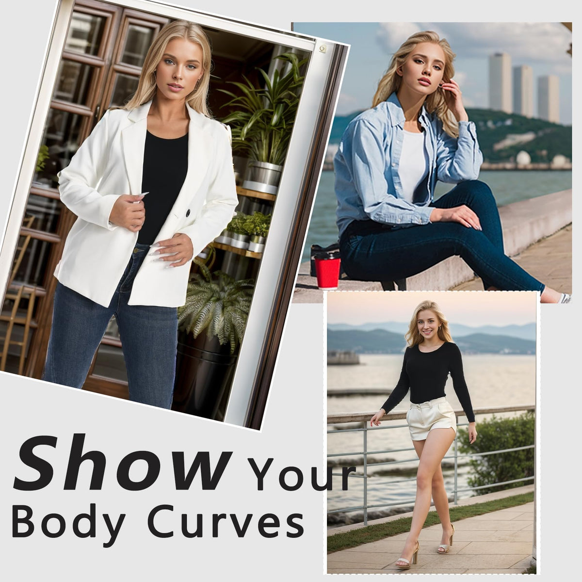 +MD Round Neck Long Sleeve Bodysuit Slim Waist Black Size M