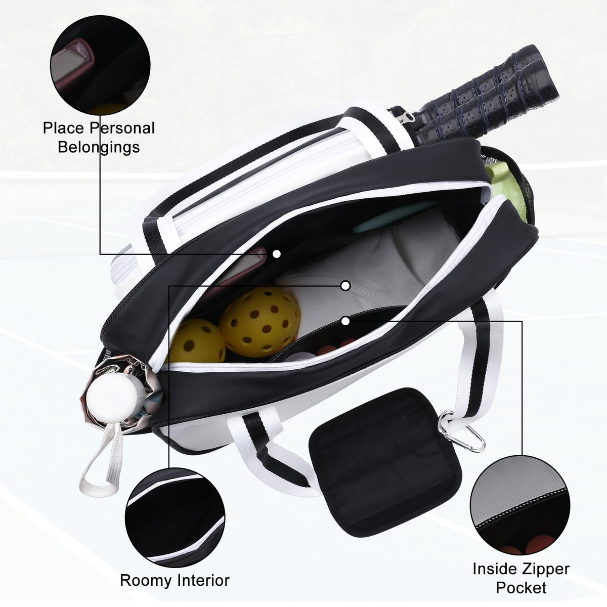 SPOENGRU PU Leather Pickleball Paddle Bag Small Black Fashion Tote