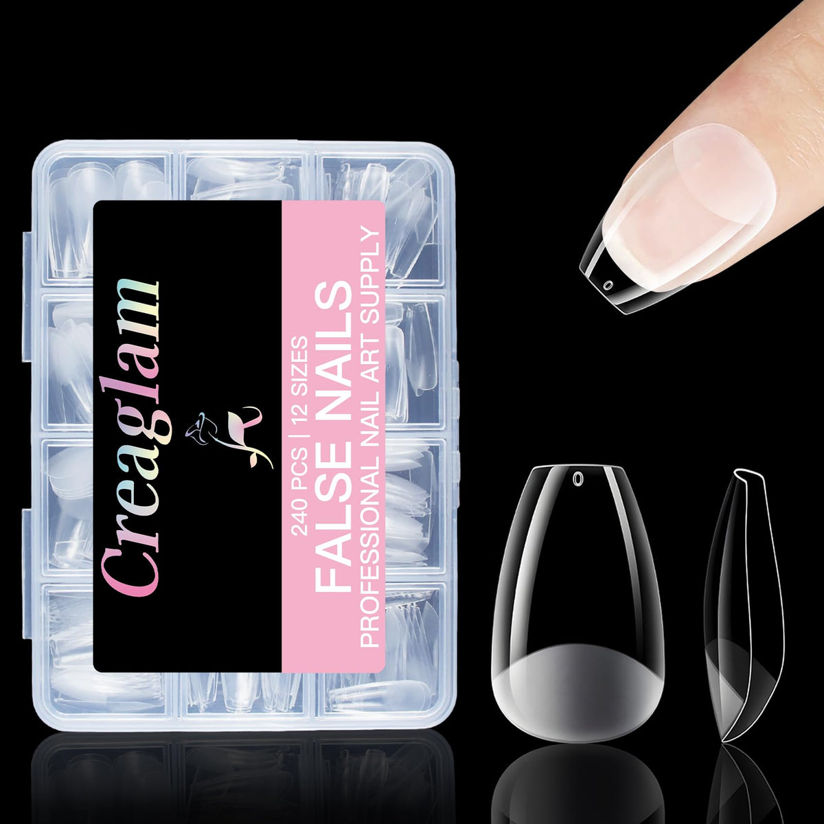 Creaglam Short Square Nail Tips 240Pcs Clear Acrylic 12 Sizes Soft Gel