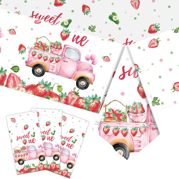 PHOGARY 3 PCS Strawberry Tablecloth Plastic Party Decor Pink 108x54in