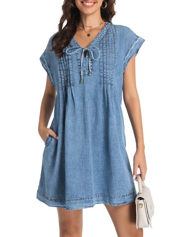 LIUSHIQI Womens Denim Romper V Neck Tie Front Pockets Blue Size S