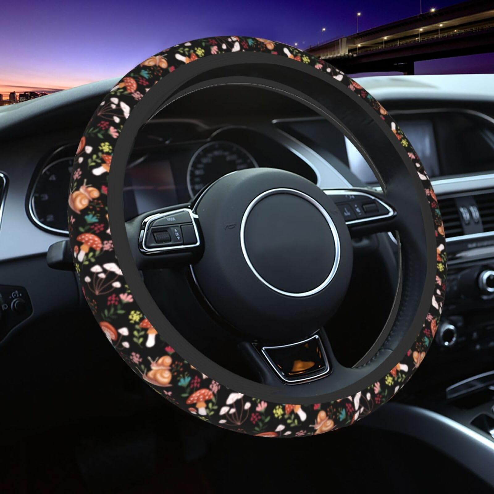 MINIOZE Mushroom Vintage Steering Wheel Cover 15 Inch Neoprene Black 1pc