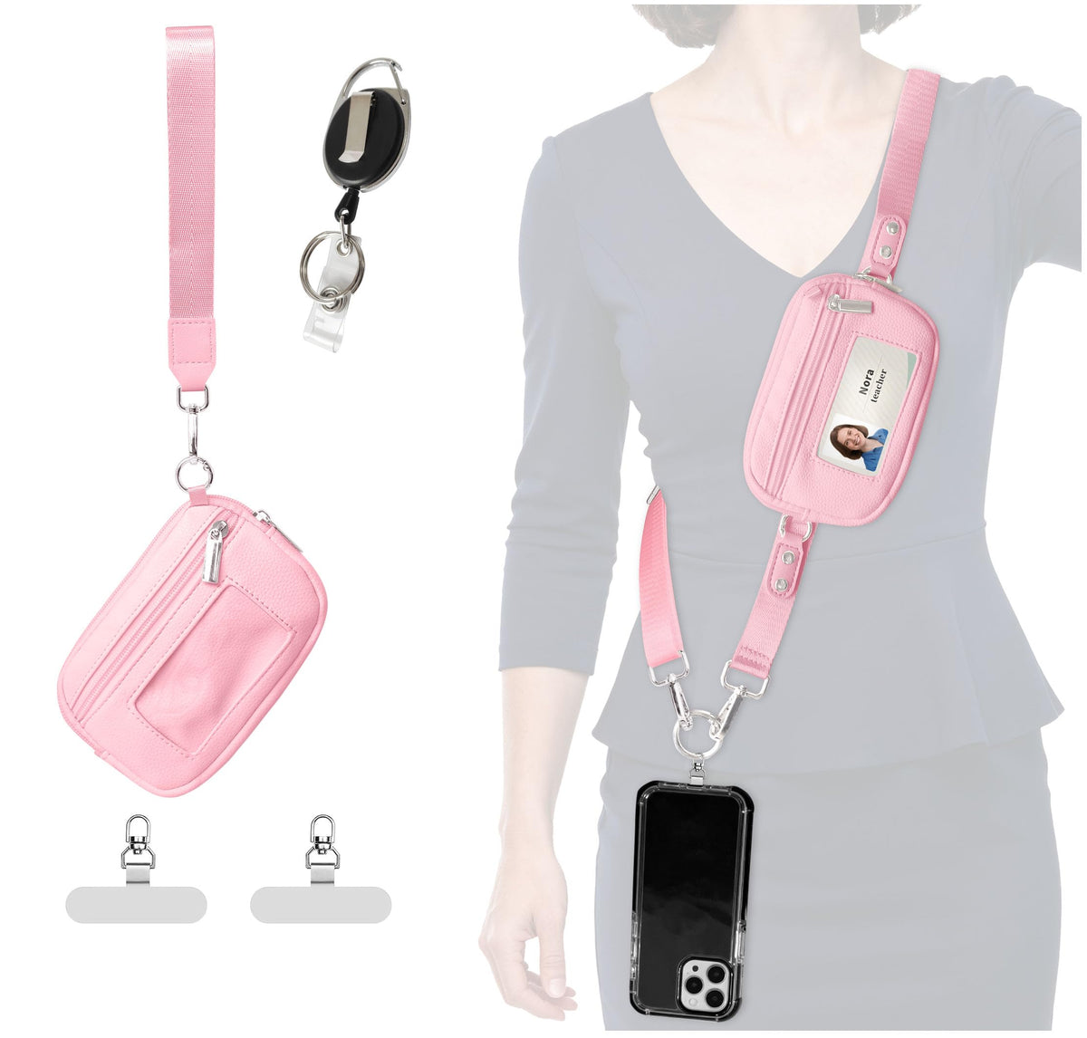 Gowjaw Pink Crossbody Lanyard Teacher Phone Strap with ID Window Keyring