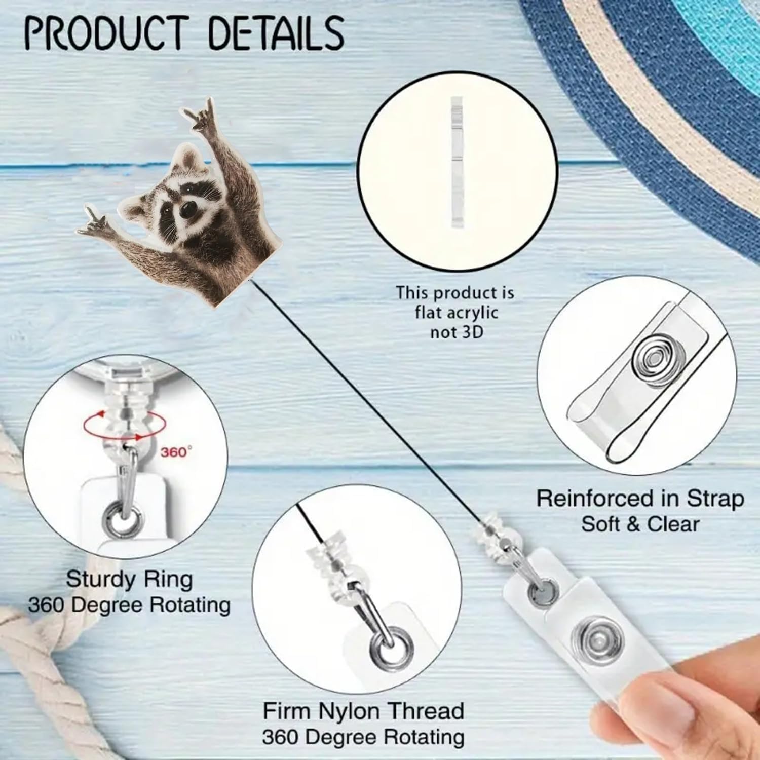 Generic Funny Raccoon Retractable Acrylic Alligator Badge Reel Clip