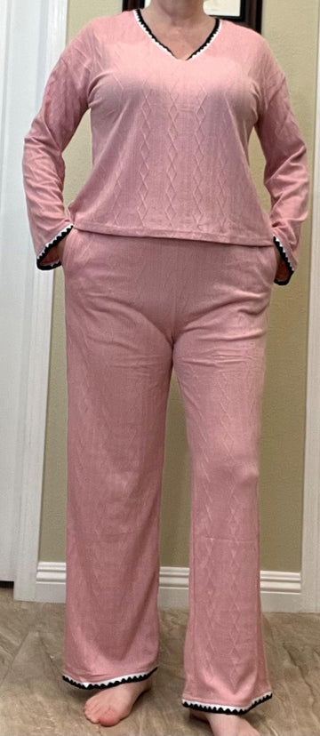 GUOLEZEEV Womens 2 Piece Lounge Set Long Sleeve Color Block Pajamas Pink XL