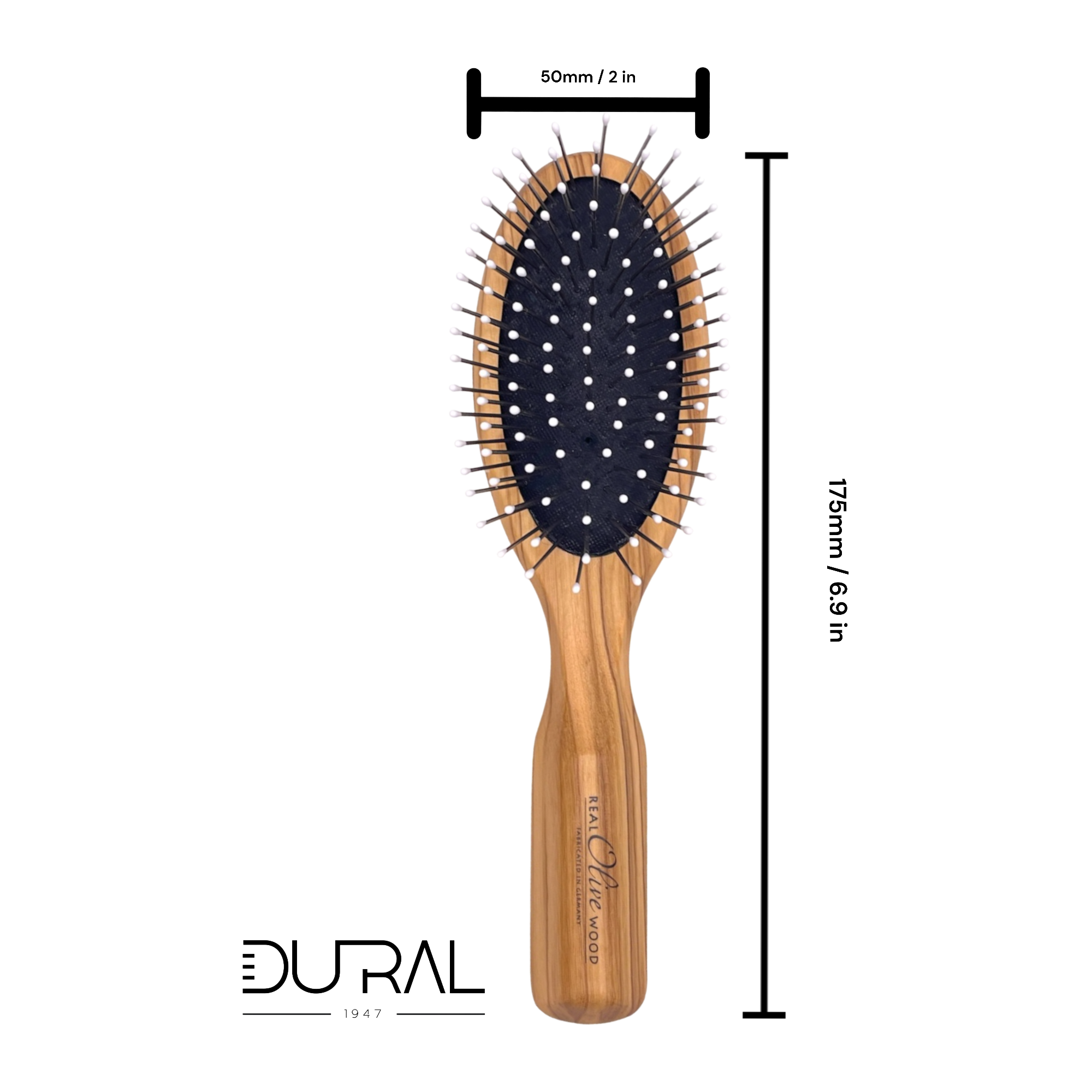 Dural Olive wood hair brush with rubber cushion, steel pins with ball tips