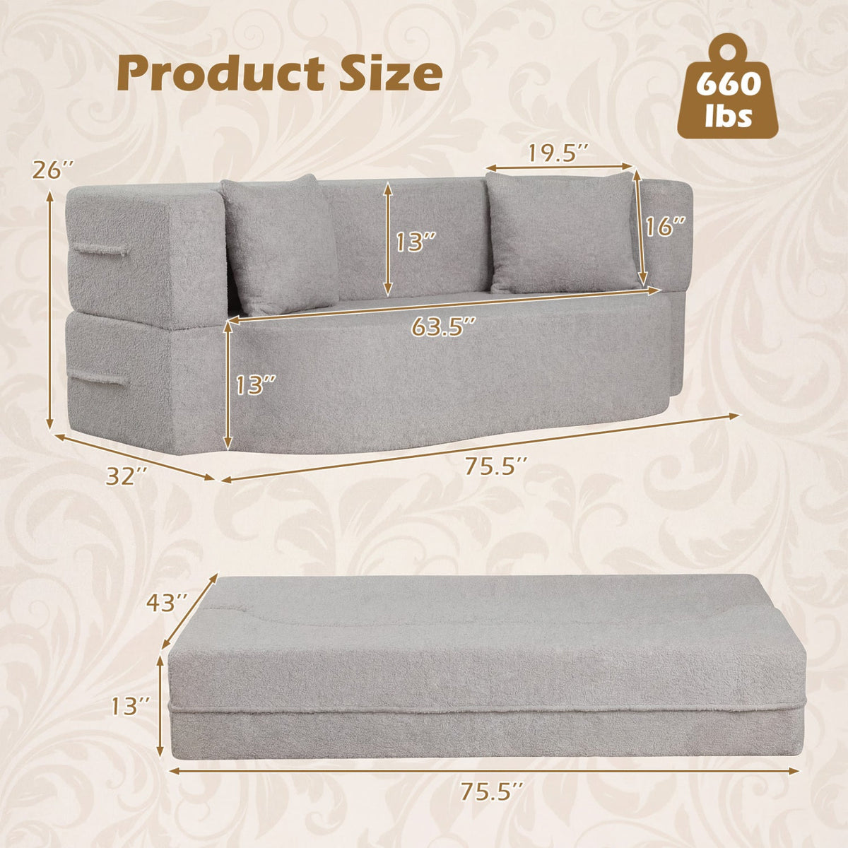 75.5 inch Folding Sofa Bed 2-in-1 Convertible Teddy Fleece Floor Loveseat with 2 Comfortable Pillows