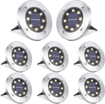 8-Pack: 8 LED Solar Disk Lights Waterproof Garden In-ground Pathway Lights