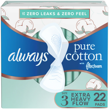 Always Pure Cotton Size 3 with FlexFoam Overnight Extra Heavy Flow Pads with Wings