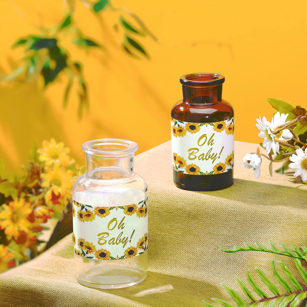 Outus 40pcs Sunflower Baby Shower Water Bottle Labels Floral Waterproof