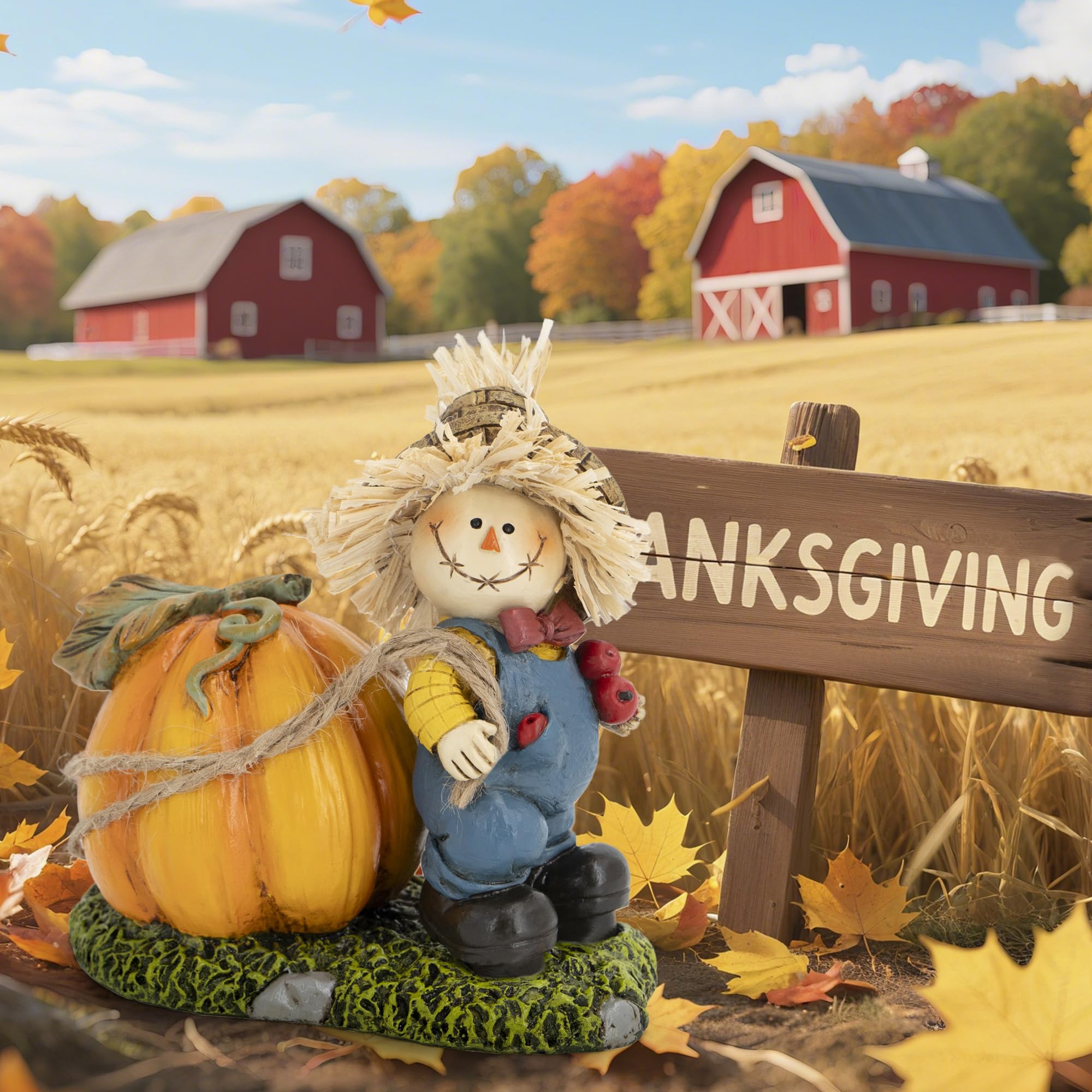 Hodao Thanksgiving Scarecrow Turkey Pumpkin Decor Farmhouse Fall Centerpiece Red